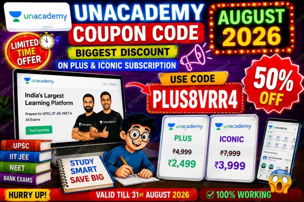 Laptop displaying an online learning subscription discount with notebooks and a 50% off tag for August 2026.